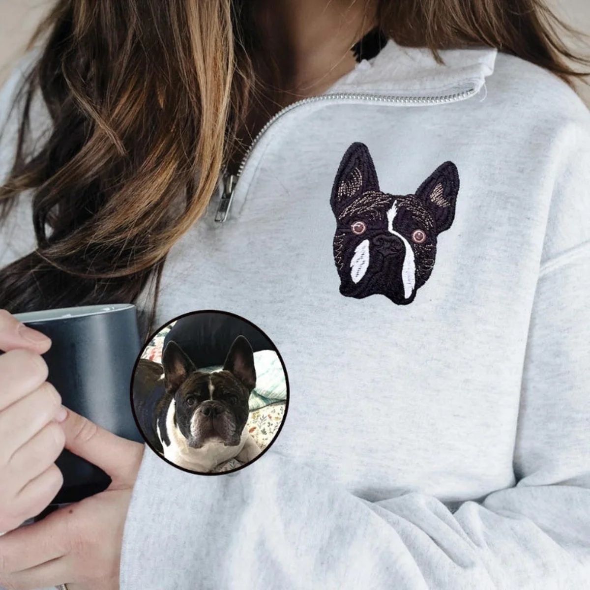 Custom Pet Portrait Quarter Zip - Cat Face Embroidered Pullover - Personalized Pet Memorial Gift - Image 4