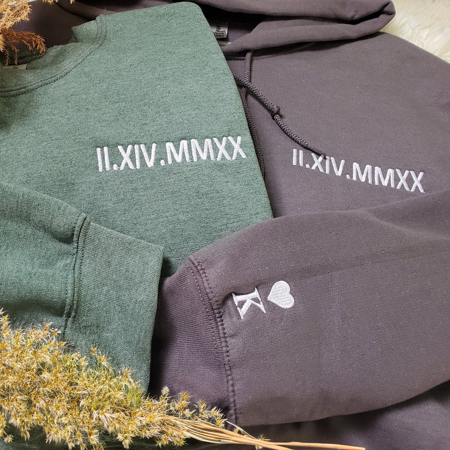 Custom Roman Numeral Date Matching Hoodies for Couples – Personalized Initial & Anniversary Gift – Custom Embroidered His and Hers Sweatshirts - Image 3