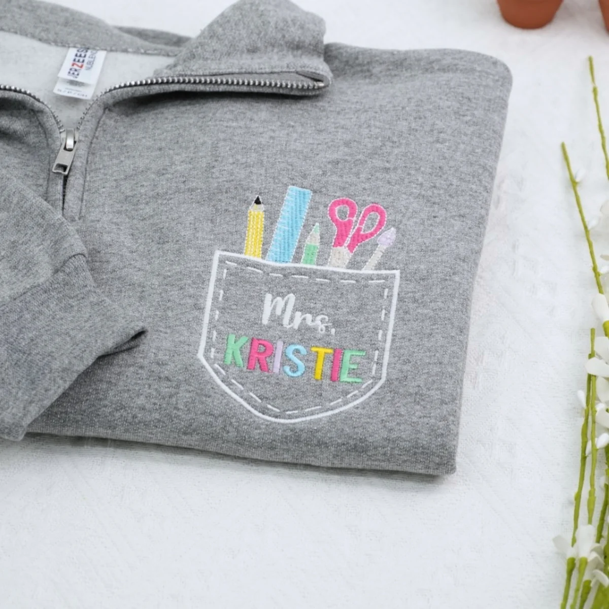 Custom Teacher Quarter Zip - Personalized School Supply Pocket Embroidered Sweatshirt - Perfect Teacher Gift - Image 3