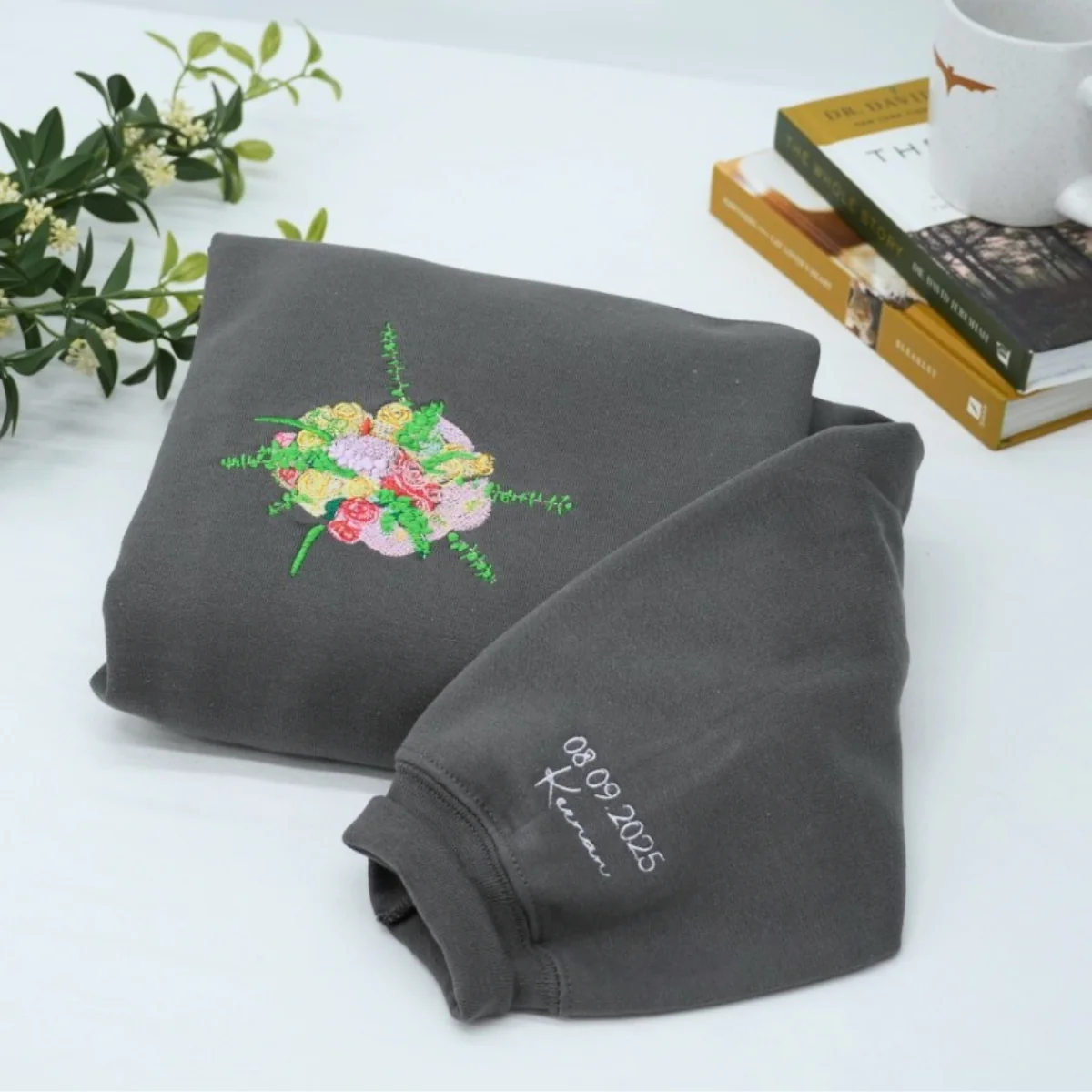 Custom Wedding Bouquet Hoodie - Personalized Bride Embroidered Sweatshirt - Wedding Date Keepsake - Image 3