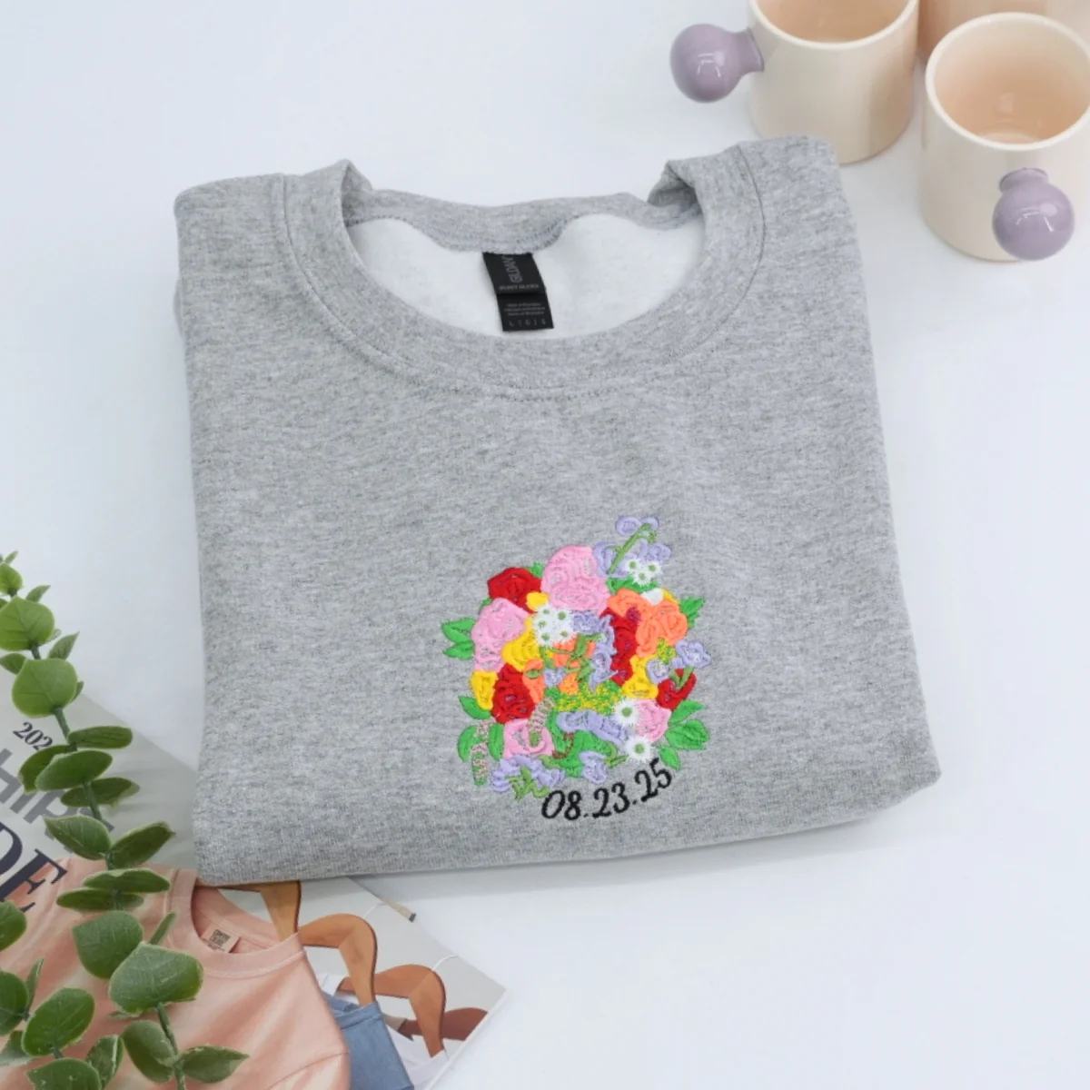 Custom Wedding Bouquet Sweatshirt - Bridal Embroidered Date Hoodie - Perfect Bride Anniversary Gift - Image 3