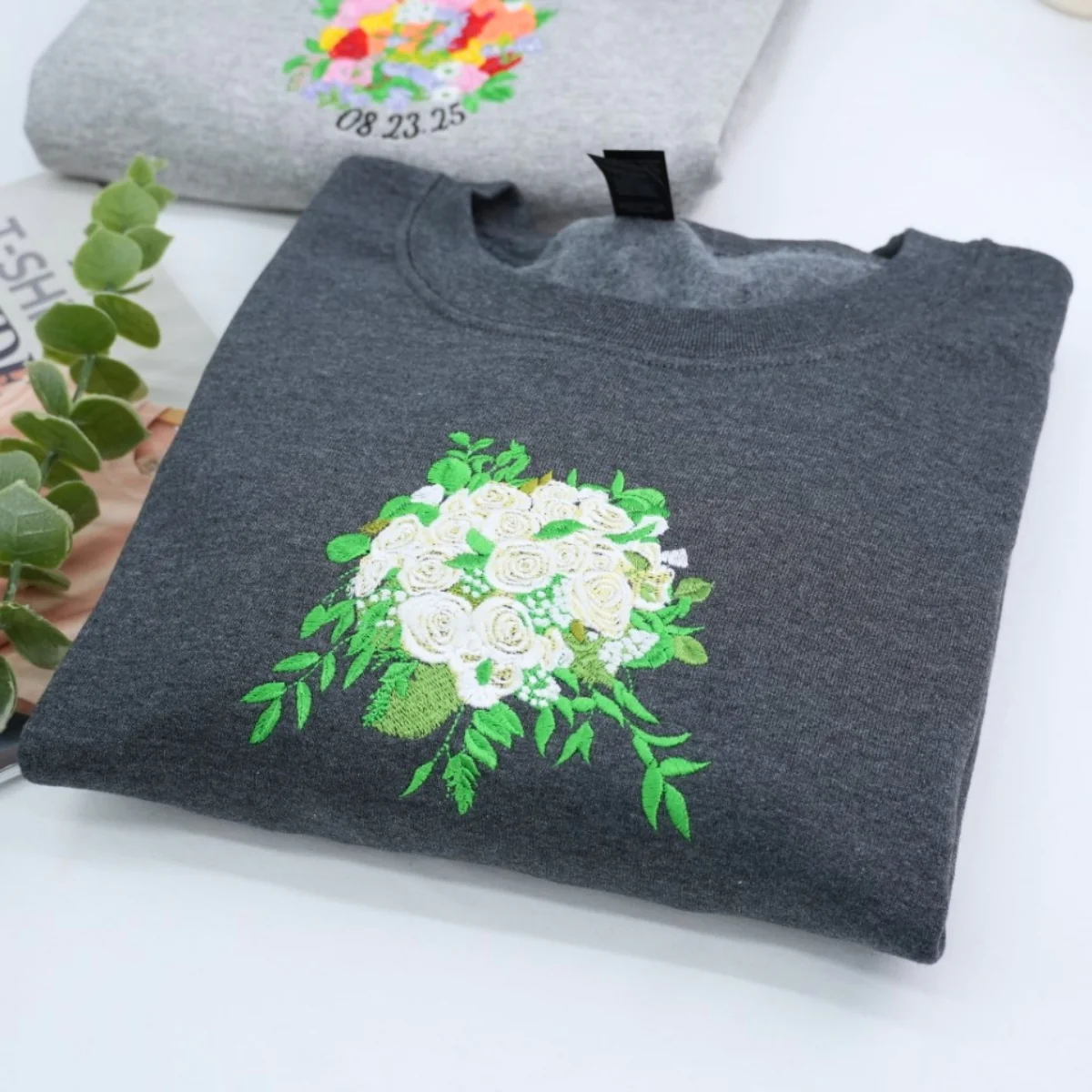 Custom Wedding Bouquet Sweatshirt - Bridal Embroidered Date Hoodie - Perfect Bride Anniversary Gift - Image 5
