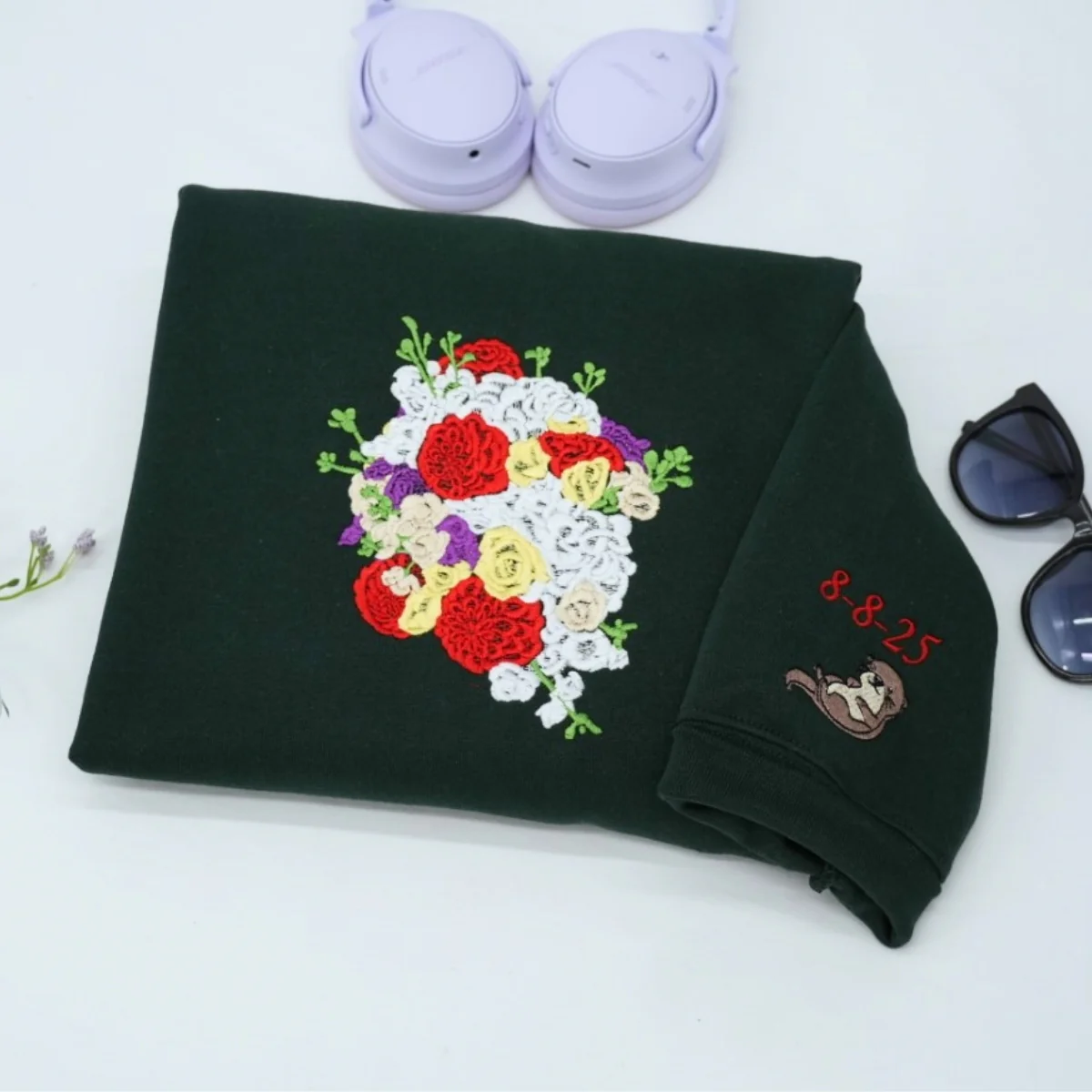 Custom Wedding Bouquet Sweatshirt - Personalized Bride Embroidered Hoodie - Wedding Date Keepsake - Image 3