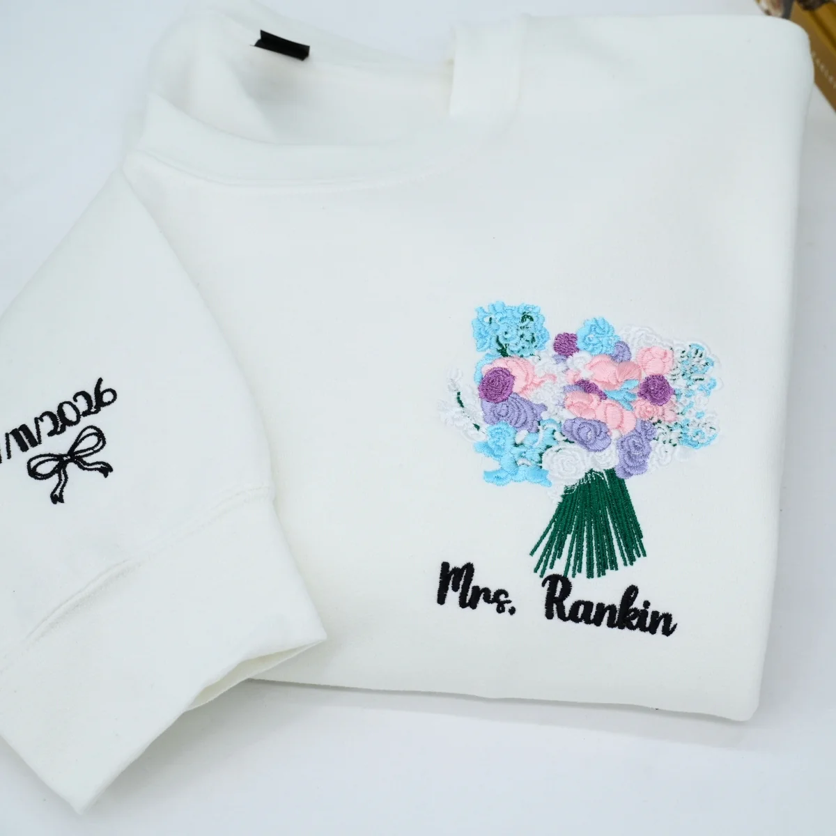 Custom Wedding Bouquet Sweatshirt - Personalized Bride Embroidered Crewneck - Bridal Keepsake Gift - Image 5