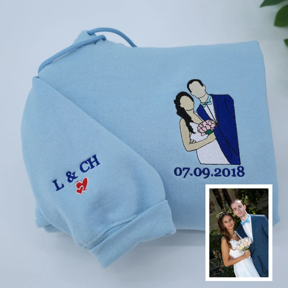 Custom Embroidered Wedding Portrait Sweatshirt – Personalized Bride & Groom Photo Sweatshirt with Roman Numeral Date – Unique Wedding or Anniversary Gift - Image 3