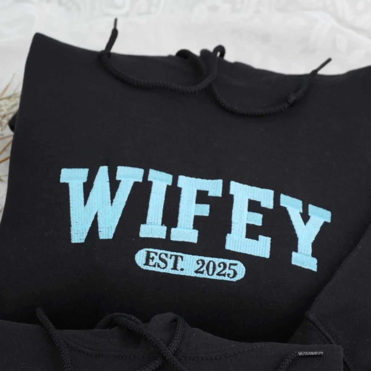 Custom Wifey Hubby Hoodies - Matching Couples Embroidered Sweatshirts - EST Date Anniversary Gift - Image 2
