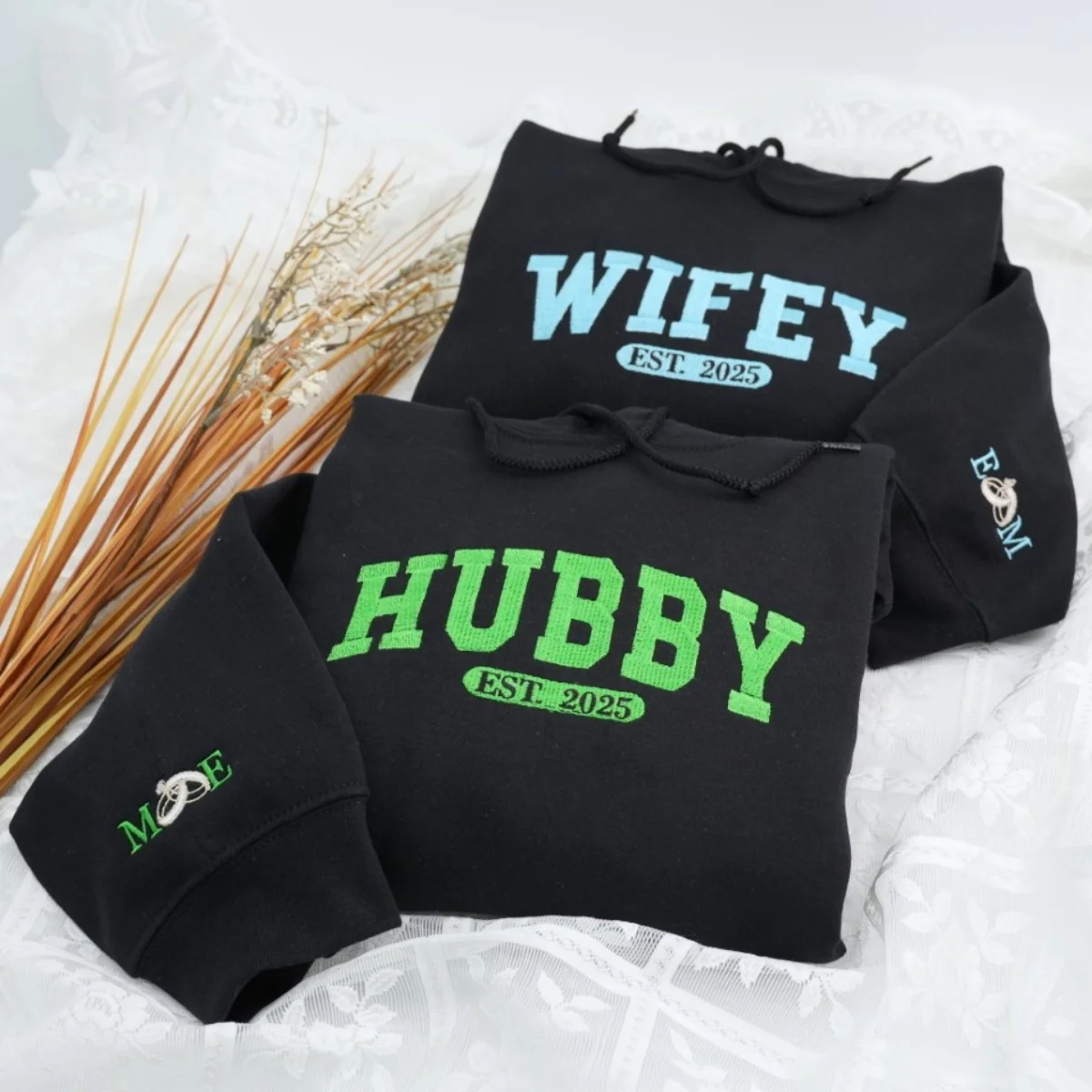 Custom Wifey Hubby Hoodies - Matching Couples Embroidered Sweatshirts - EST Date Anniversary Gift - Image 5
