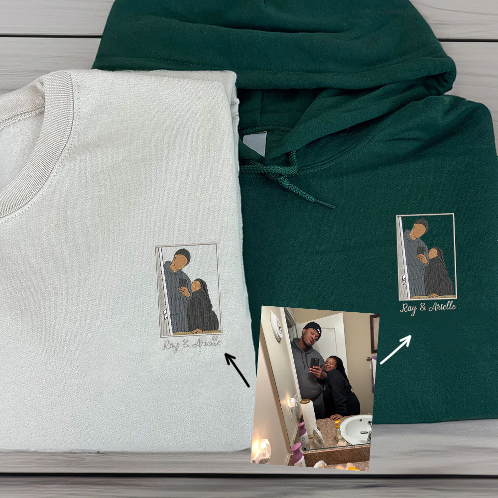 Customized Couple Embroidered Sweatshirt, Personalized Wedding Portrait Hoodie, Couples Matching Embroidered Sweatshirts - Image 2