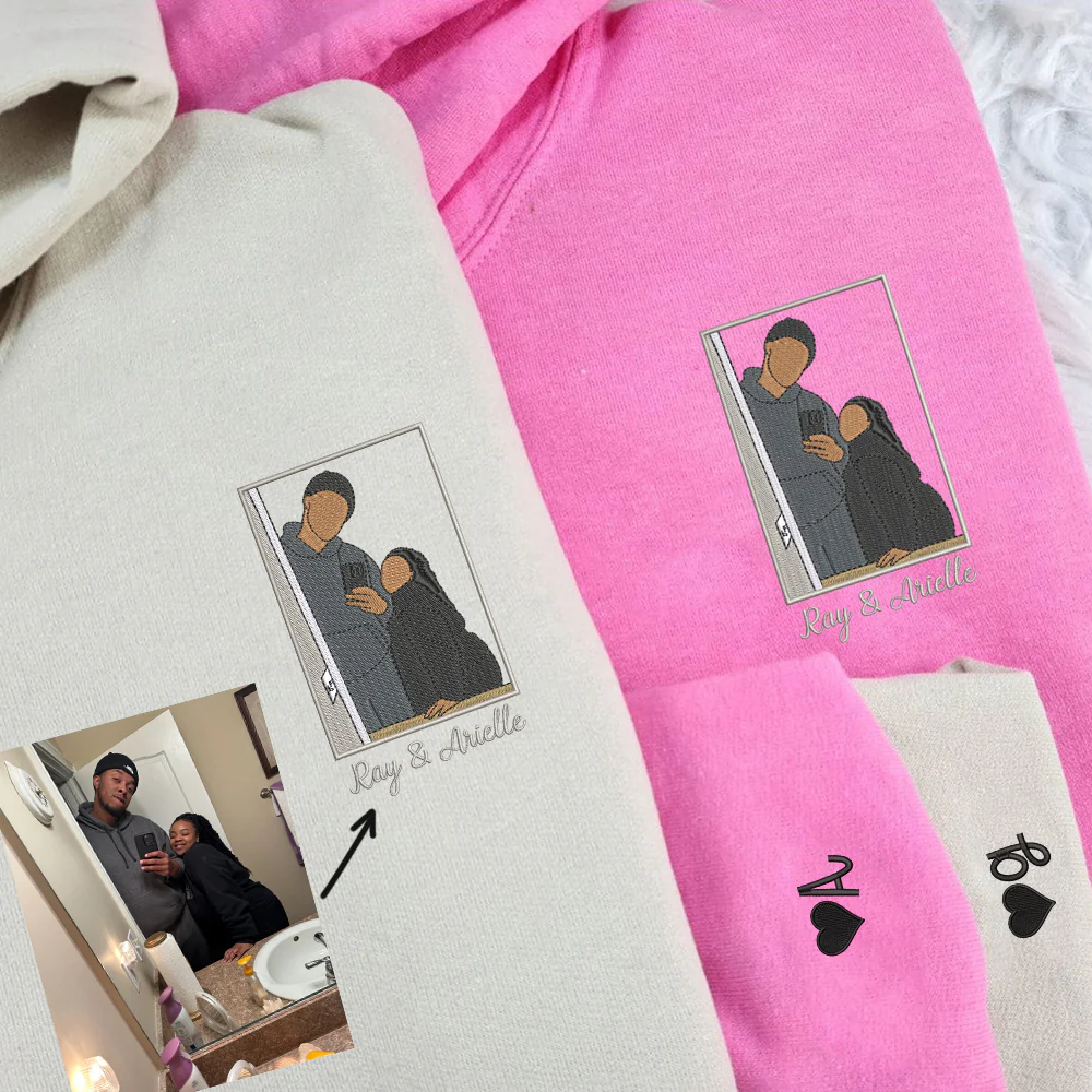 Customized Couple Embroidered Sweatshirt, Personalized Wedding Portrait Hoodie, Couples Matching Embroidered Sweatshirts - Image 3