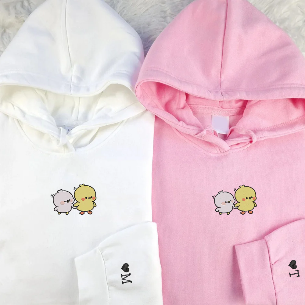 Cute Cartoon Chick Custom Embroidered Matching Hoodies For Couples - Image 2