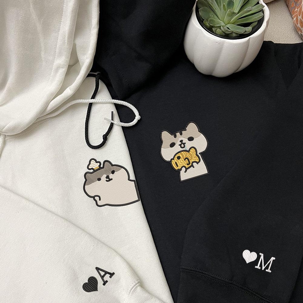 Cute Cat Custom Embroidered Matching Hoodies For Couples - Image 3
