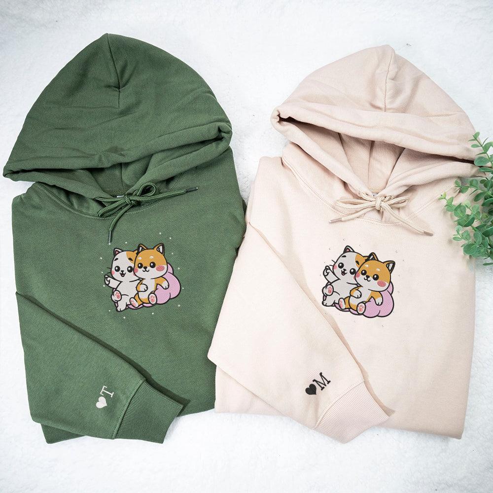 Cute Cat x Dog Custom Embroidered Matching Hoodies For Couples - Image 3