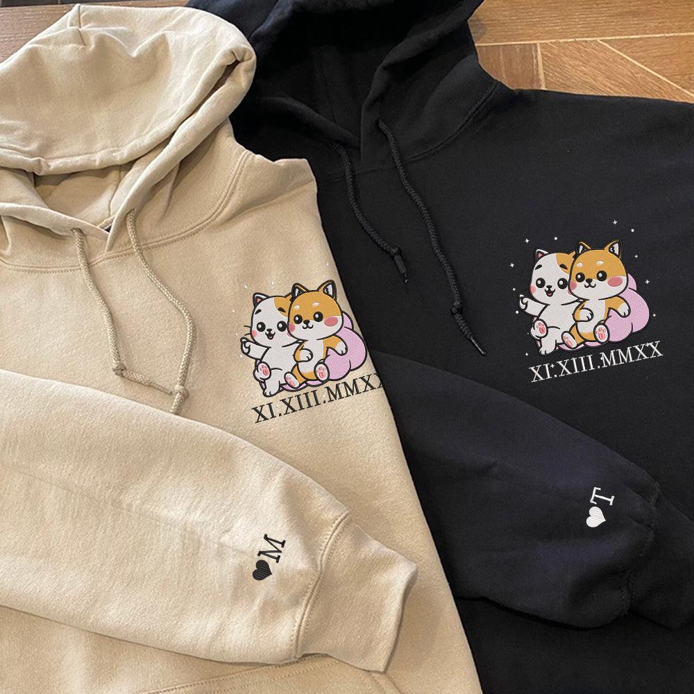 Cute Cat x Dog Custom Roman Numeral Matching Embroidered Hoodies For Couples - Image 3