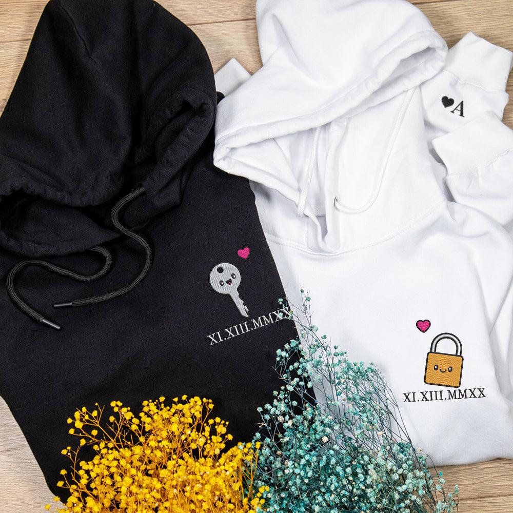 Cute Couple of Padlock x Key Custom Roman Numeral Matching Embroidered Hoodies For Couples - Image 4