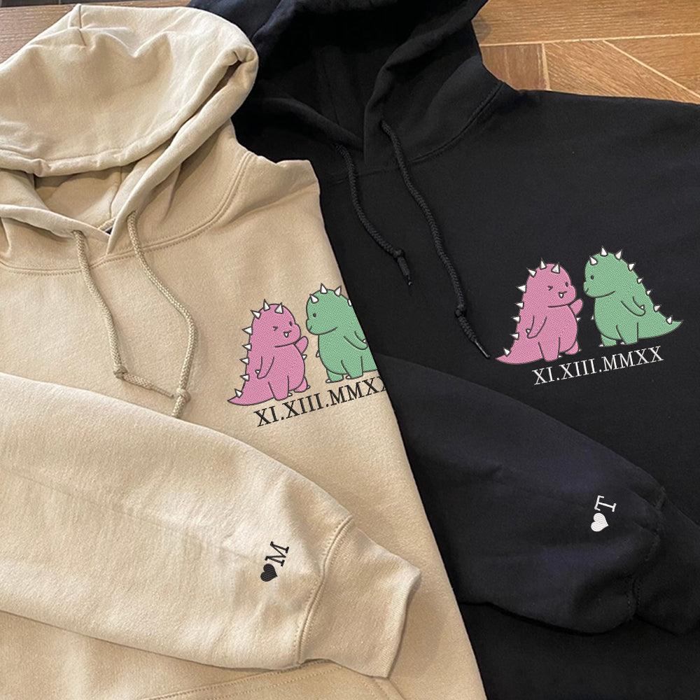 Cute Couples Dinosaur Custom Roman Numeral Matching Embroidered Hoodies For Couples - Image 3