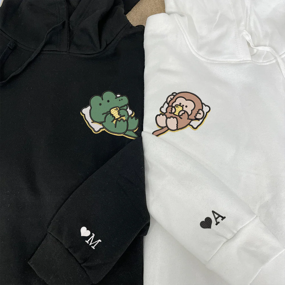 Cute Crocodile x Monkey Custom Embroidered Matching Hoodies For Couples - Image 2