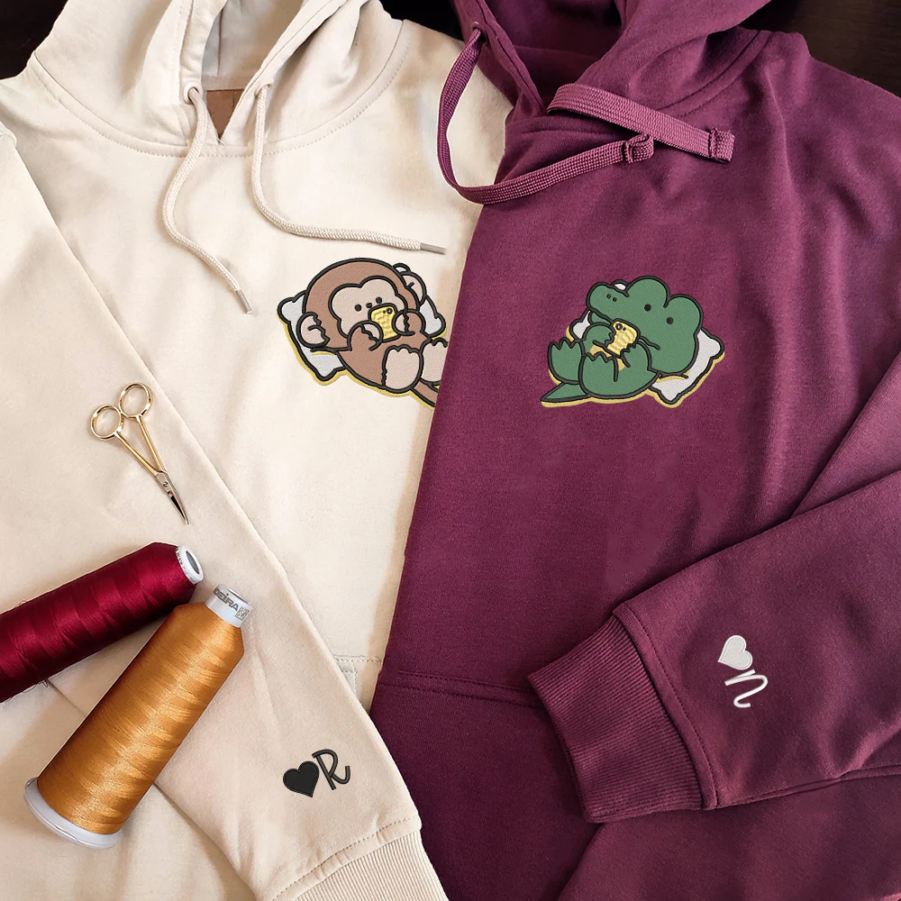 Cute Crocodile x Monkey Custom Embroidered Matching Hoodies For Couples - Image 3