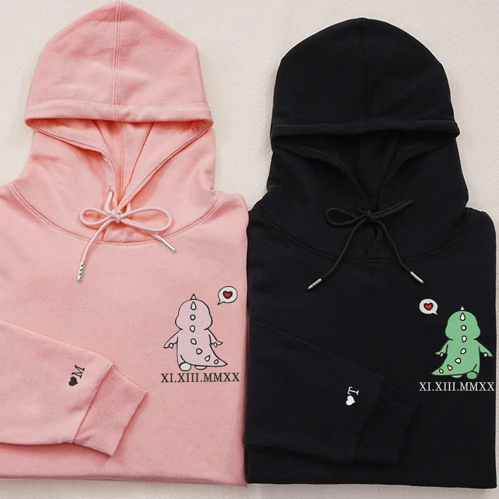 Cute Dinosaur Custom Roman Numeral Matching Embroidered Hoodies For Couples - Image 3