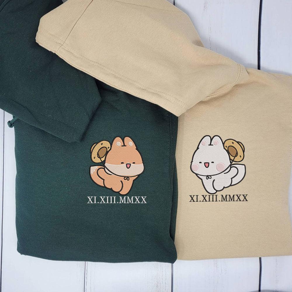 Cute Fox Couples Custom Roman Numeral Matching Embroidered Hoodies For Couples - Image 3