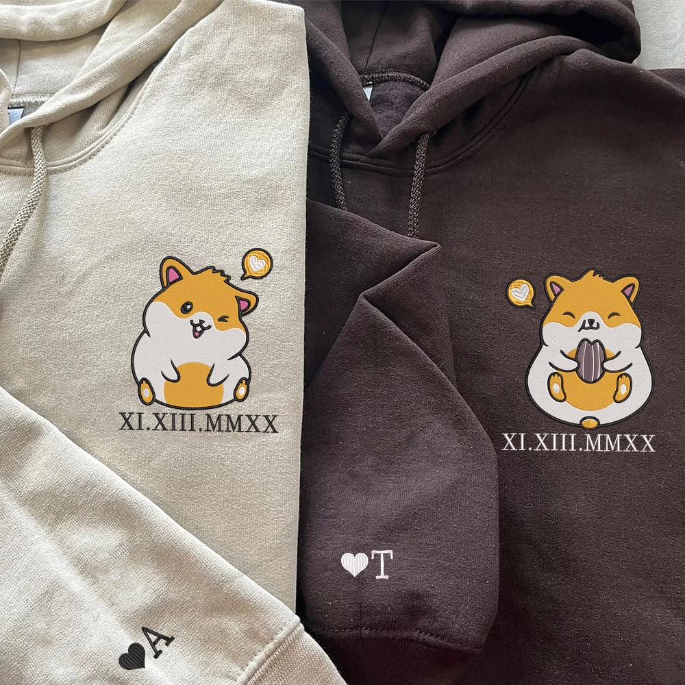 Cute Hamsters Custom Roman Numeral Matching Embroidered Hoodies For Couples - Image 2