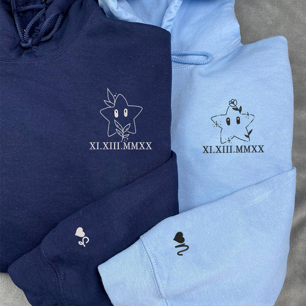 Cute Stars Cartoon Custom Roman Numeral Matching Embroidered Hoodies For Couples - Image 2
