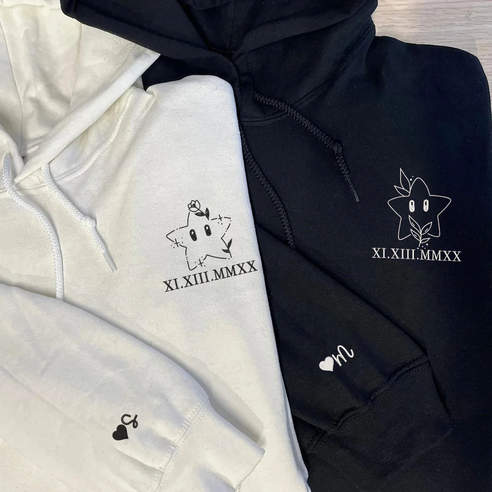 Cute Stars Cartoon Custom Roman Numeral Matching Embroidered Hoodies For Couples - Image 3