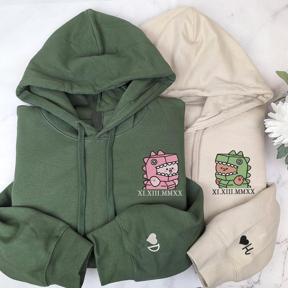 Cute T-Rex Costume Couples Custom Roman Numeral Matching Embroidered Hoodies For Couples - Image 3