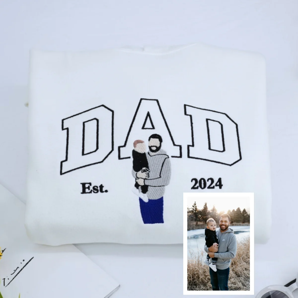 Dad Custom Portrait Hoodies - Father Baby Embroidered Sweatshirts - Personalized Father's Day Gift - Image 2