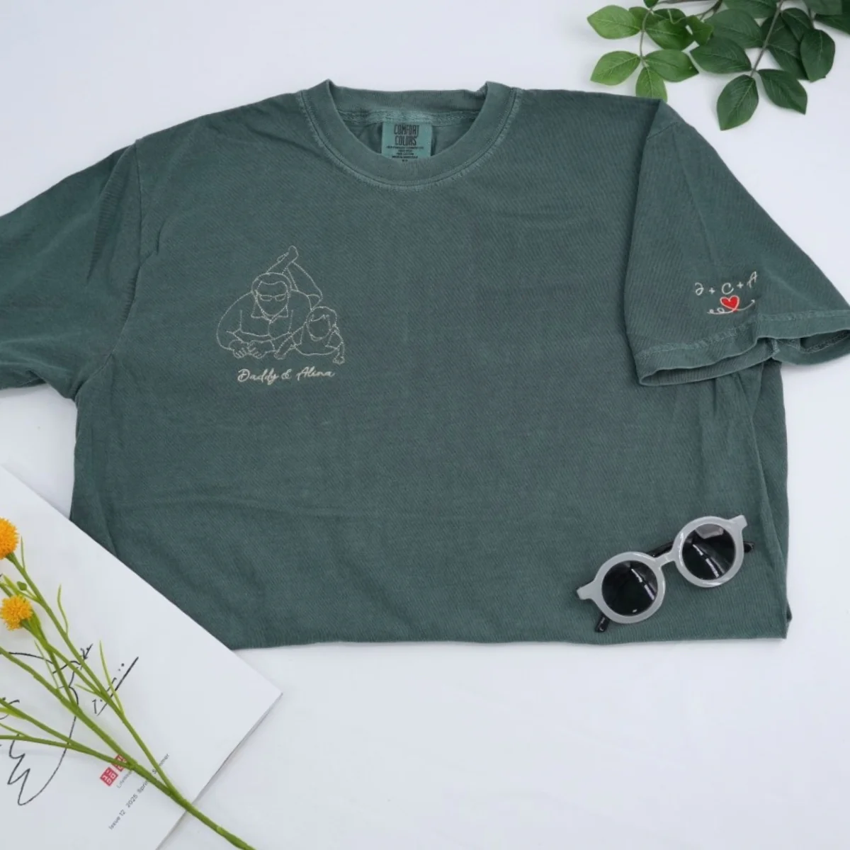 Dad Two Kids Custom T-Shirt - Father Children Outline Embroidered Shirt - Perfect Dad Gift - Image 3