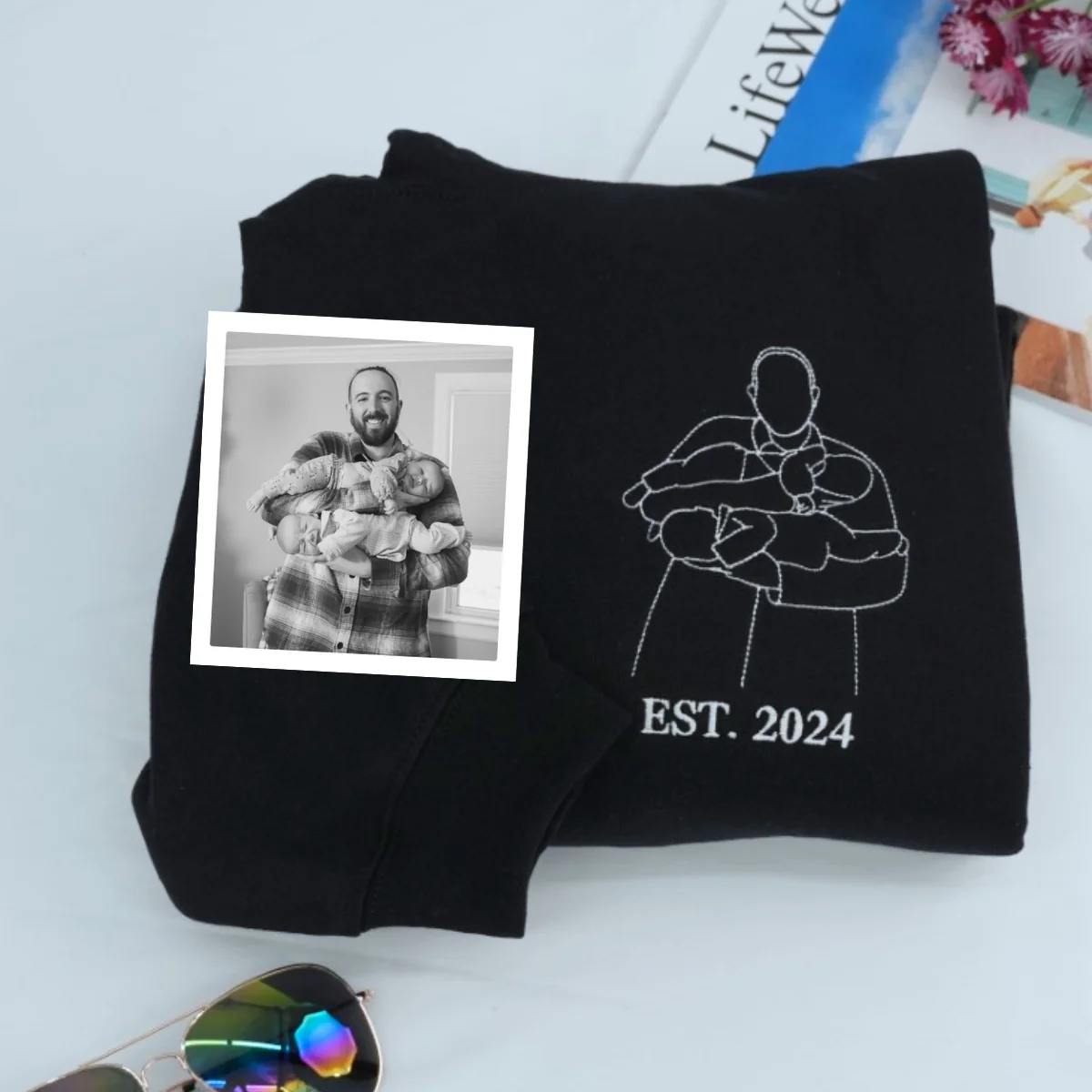 Daddy Custom Hoodies - Father Child Line Art Embroidered Sweatshirts - Perfect Artistic Dad Gift - Image 2