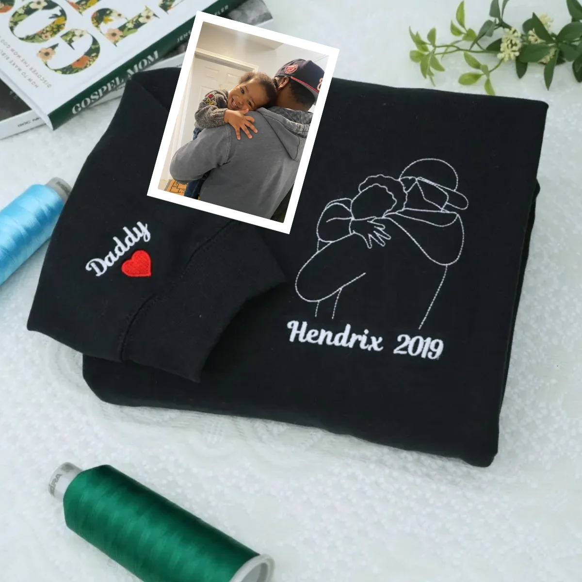Daddy Custom Hoodies - Father Child Line Art Embroidered Sweatshirts - Perfect Artistic Dad Gift - Image 3