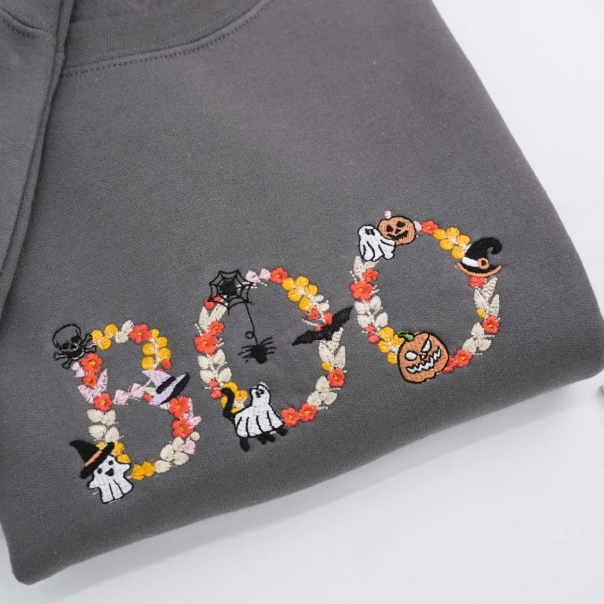 Halloween BOO Custom Sweatshirts - Floral Letter Embroidered Design - Elegant Halloween Apparel - Image 2