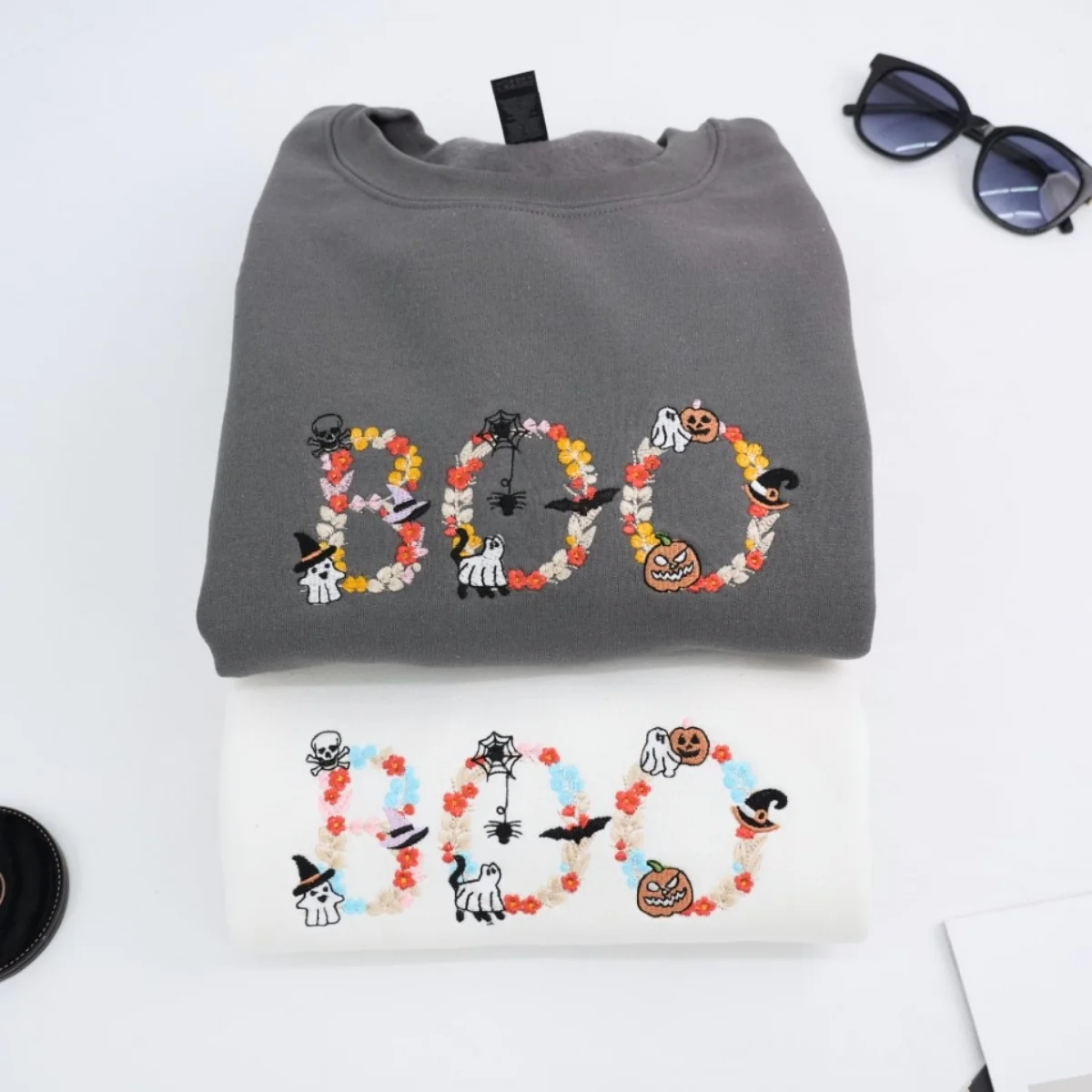 Halloween BOO Custom Sweatshirts - Floral Letter Embroidered Design - Elegant Halloween Apparel - Image 3