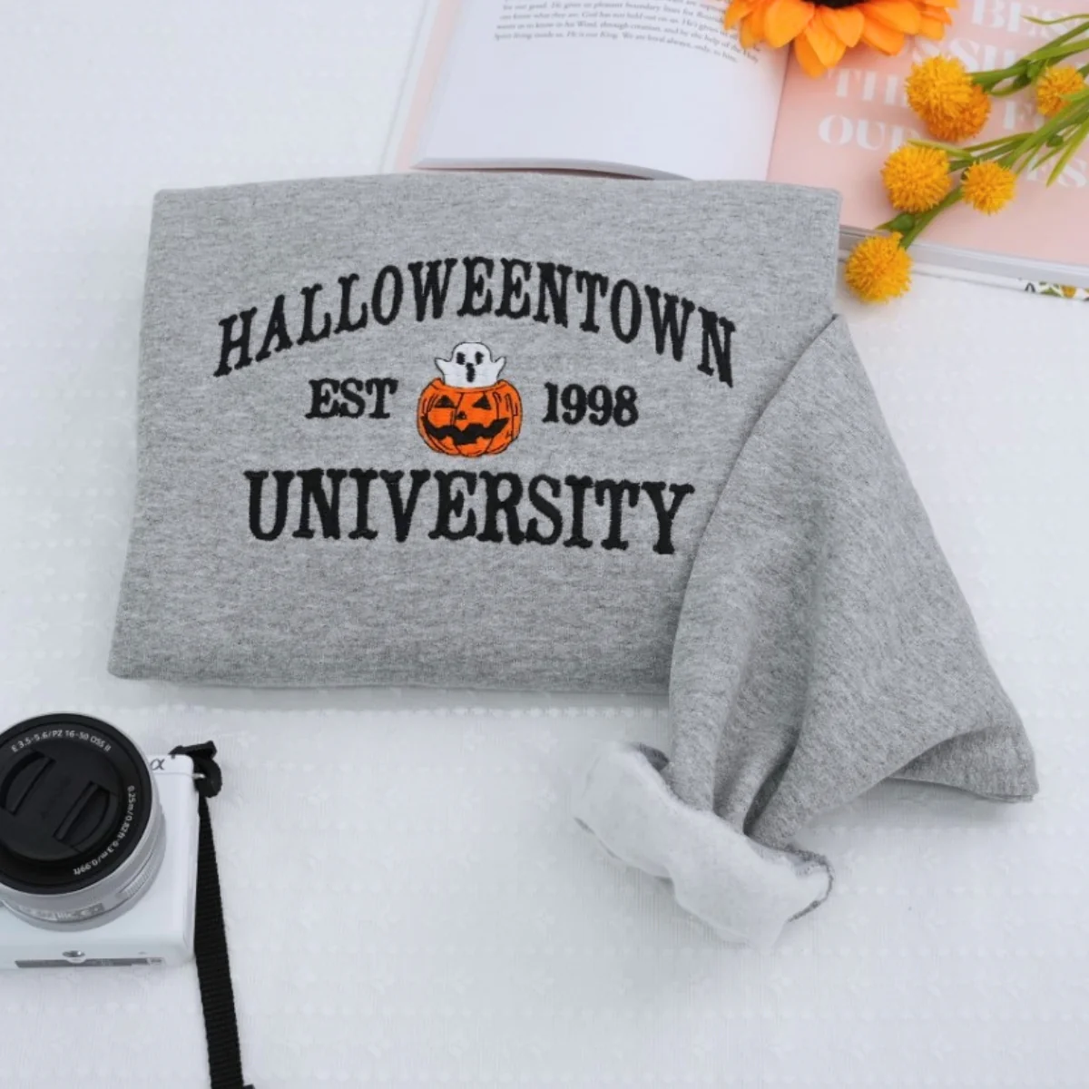 Halloween College Hoodie - Embroidered Pumpkin University Sweatshirt - Vintage Campus Halloween Apparel - Image 3