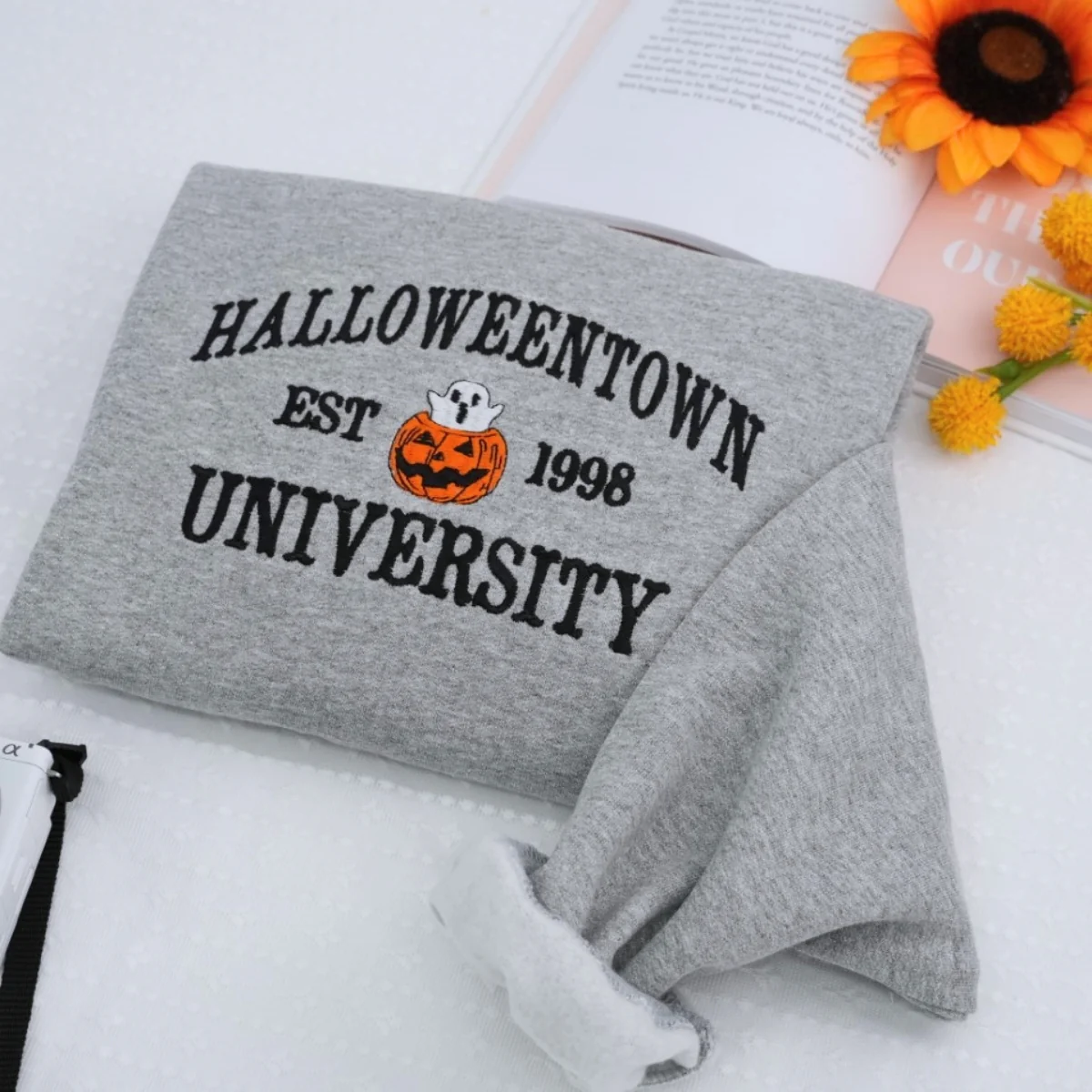 Halloween College Hoodie - Embroidered Pumpkin University Sweatshirt - Vintage Campus Halloween Apparel - Image 4