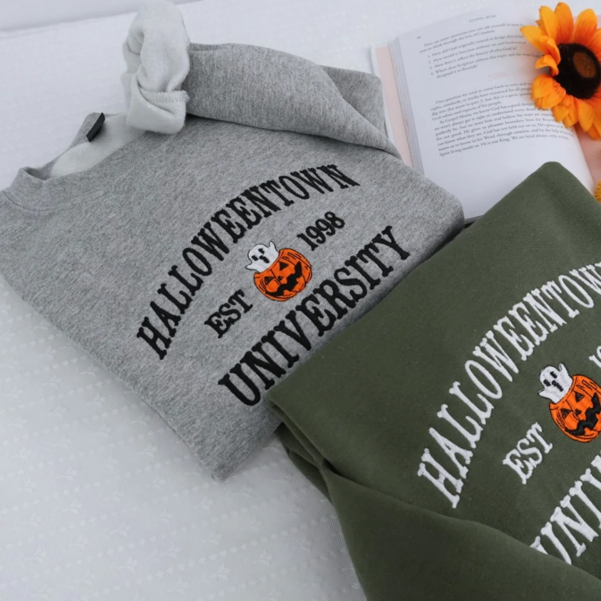 Halloween College Hoodie - Embroidered Pumpkin University Sweatshirt - Vintage Campus Halloween Apparel - Image 7