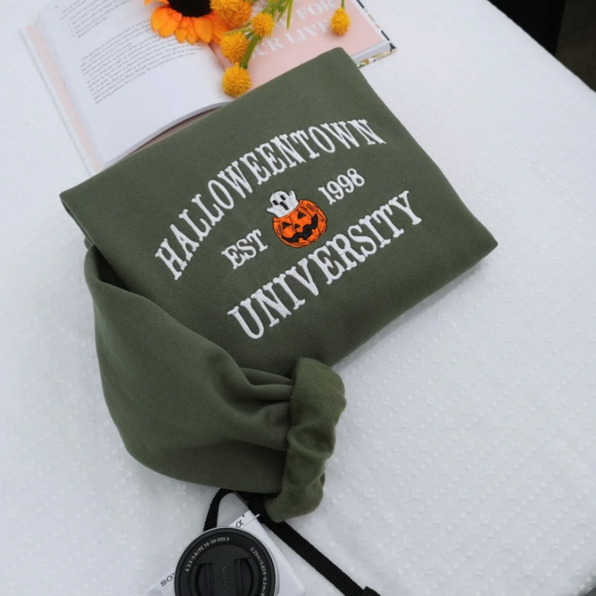 Halloween University Sweatshirt - Embroidered Pumpkin Ghost College Style Hoodie - Spooky Campus Apparel - Image 5