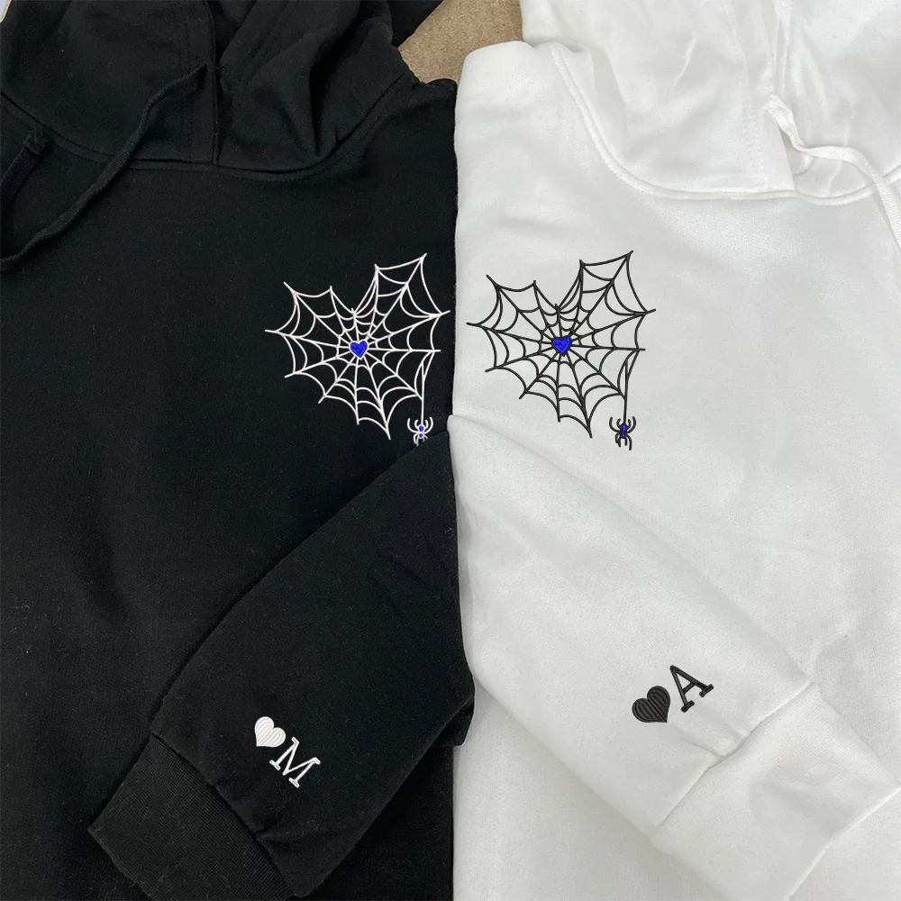 Heart Spider Web Custom Embroidered Matching Hoodies For Couples - Image 2