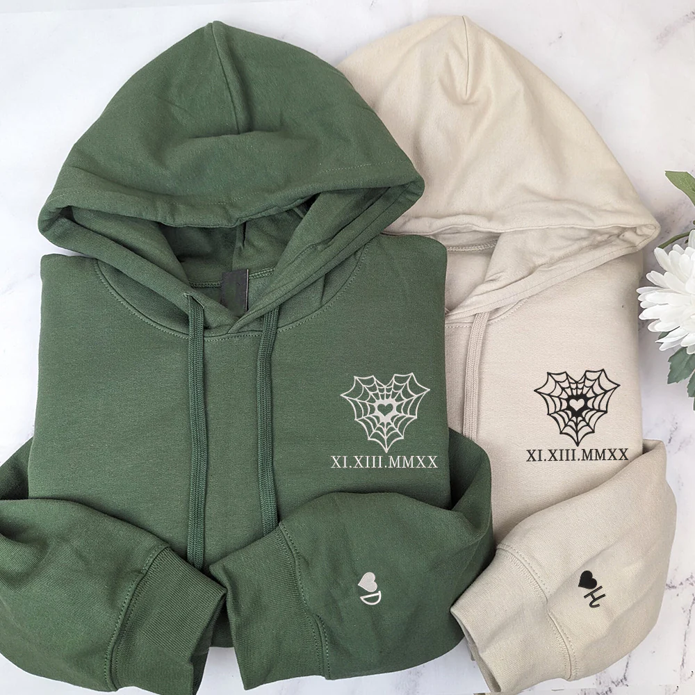 Heart Web Custom Roman Numeral Matching Embroidered Hoodies For Couples