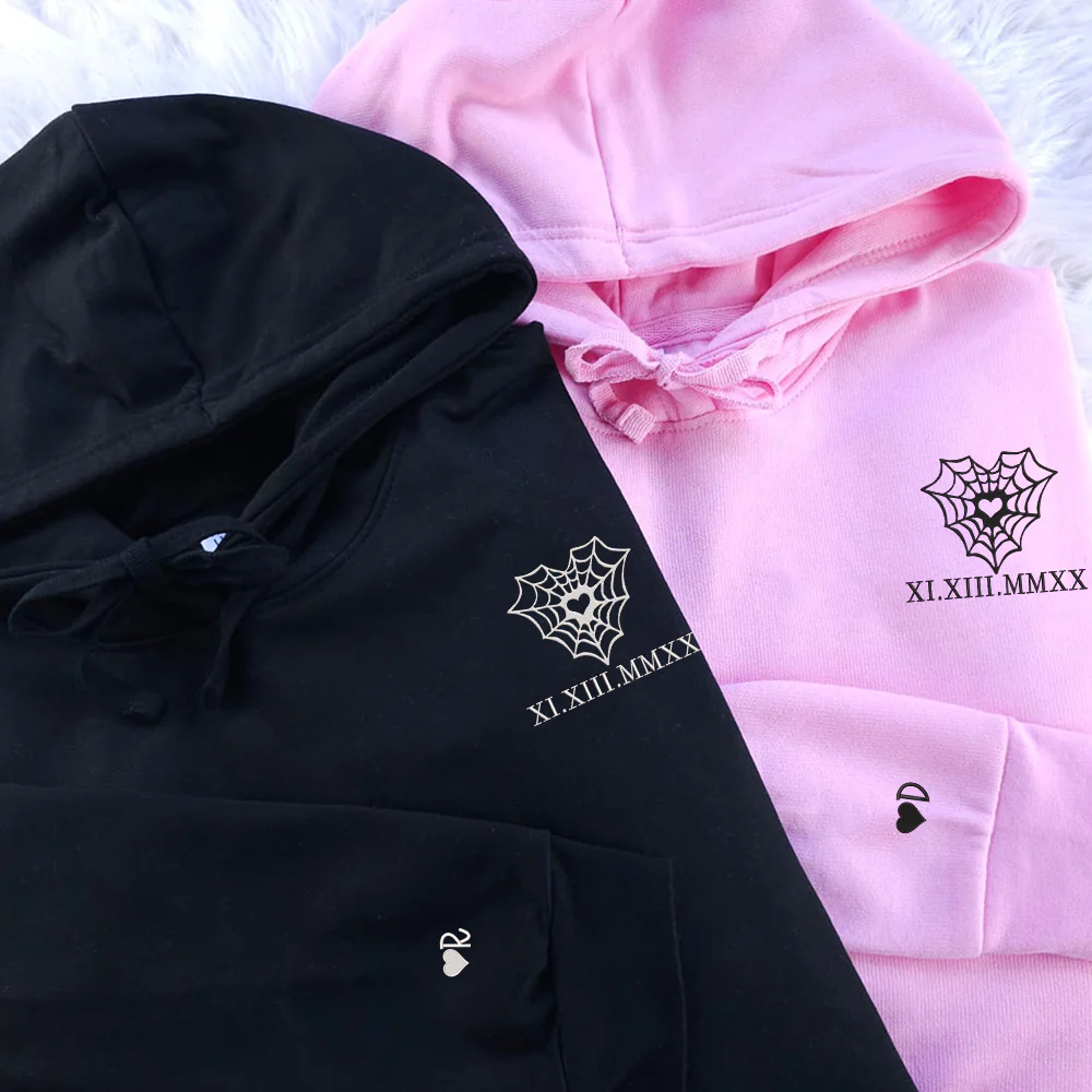 Heart Web Custom Roman Numeral Matching Embroidered Hoodies For Couples - Image 3