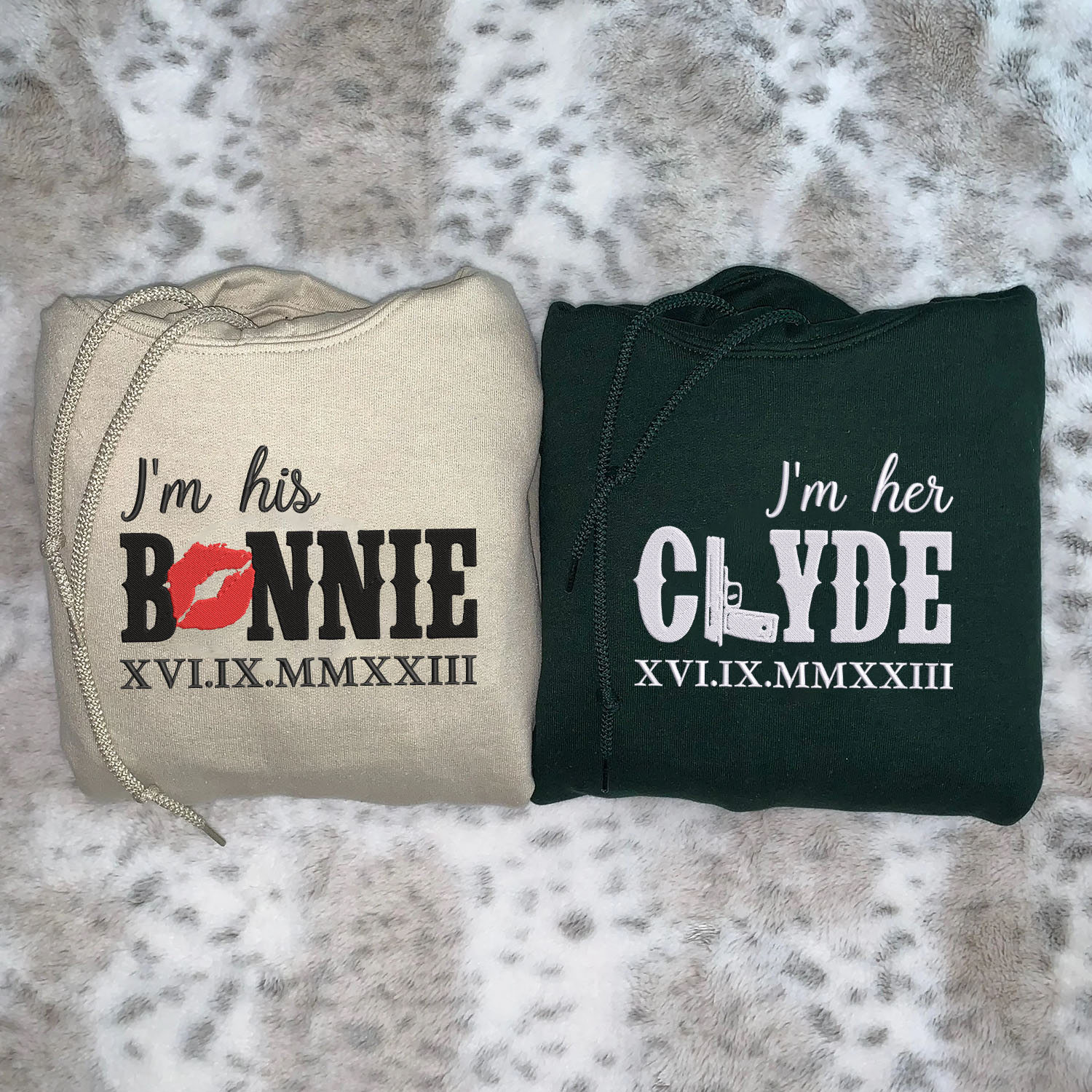 Embroidered His Bonnie Her Clyde Hoodies or Sweatshirts with Roman Numerals - Image 3