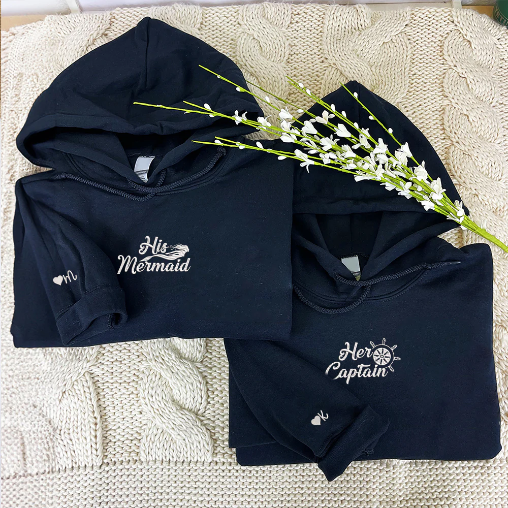 His Mermaid Her Captain Custom Embroidered Matching Hoodies For Couples - Image 2