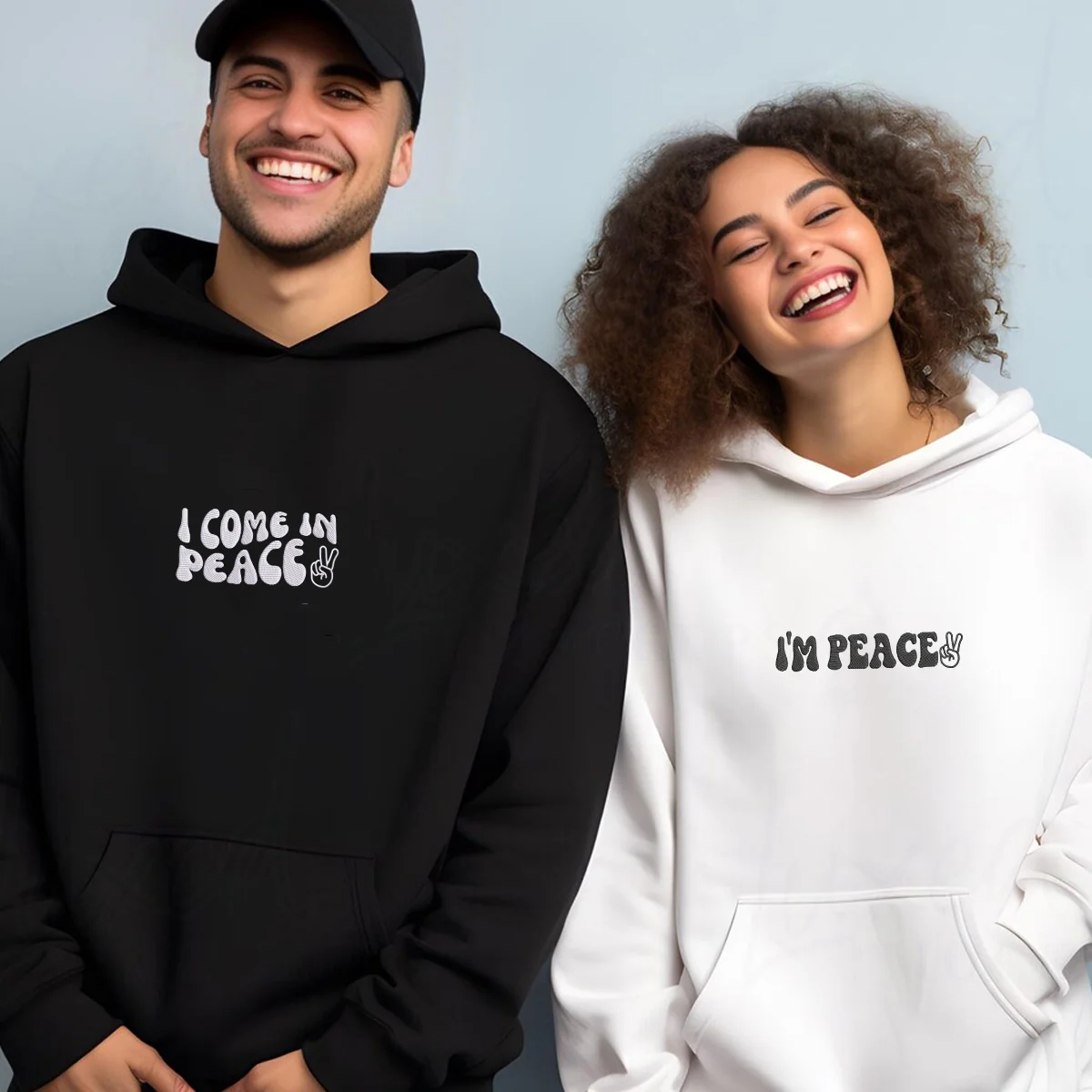 Custom I Come In Peace Hoodie, Matching Embroidered Hoodie for Couple - Image 6