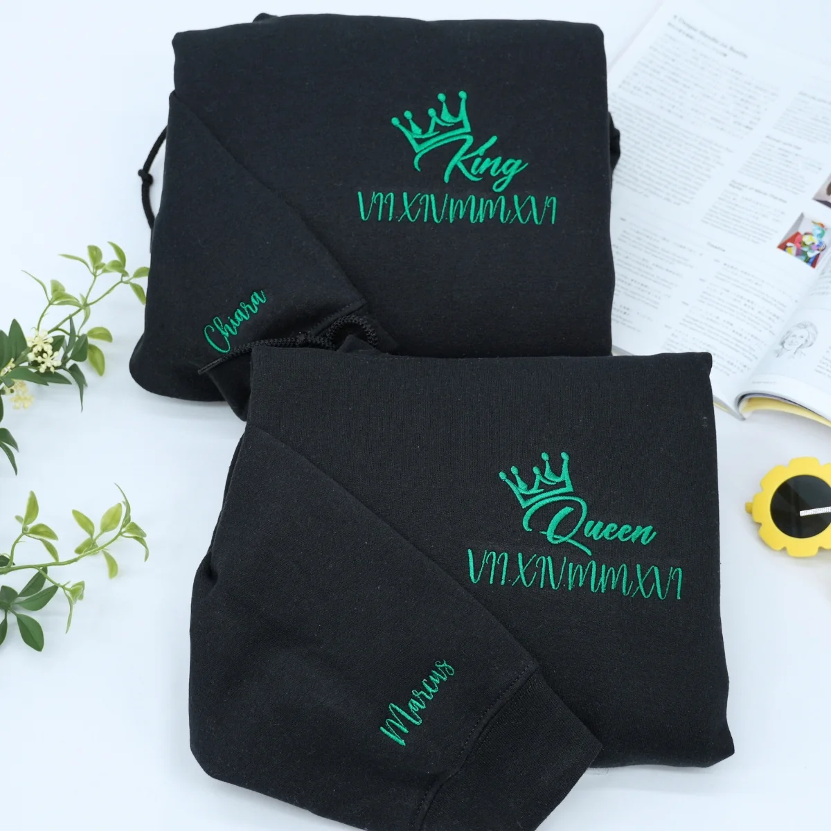 King x Queen Crown Custom Roman Numeral Matching Embroidered Hoodies For Couples - Image 2