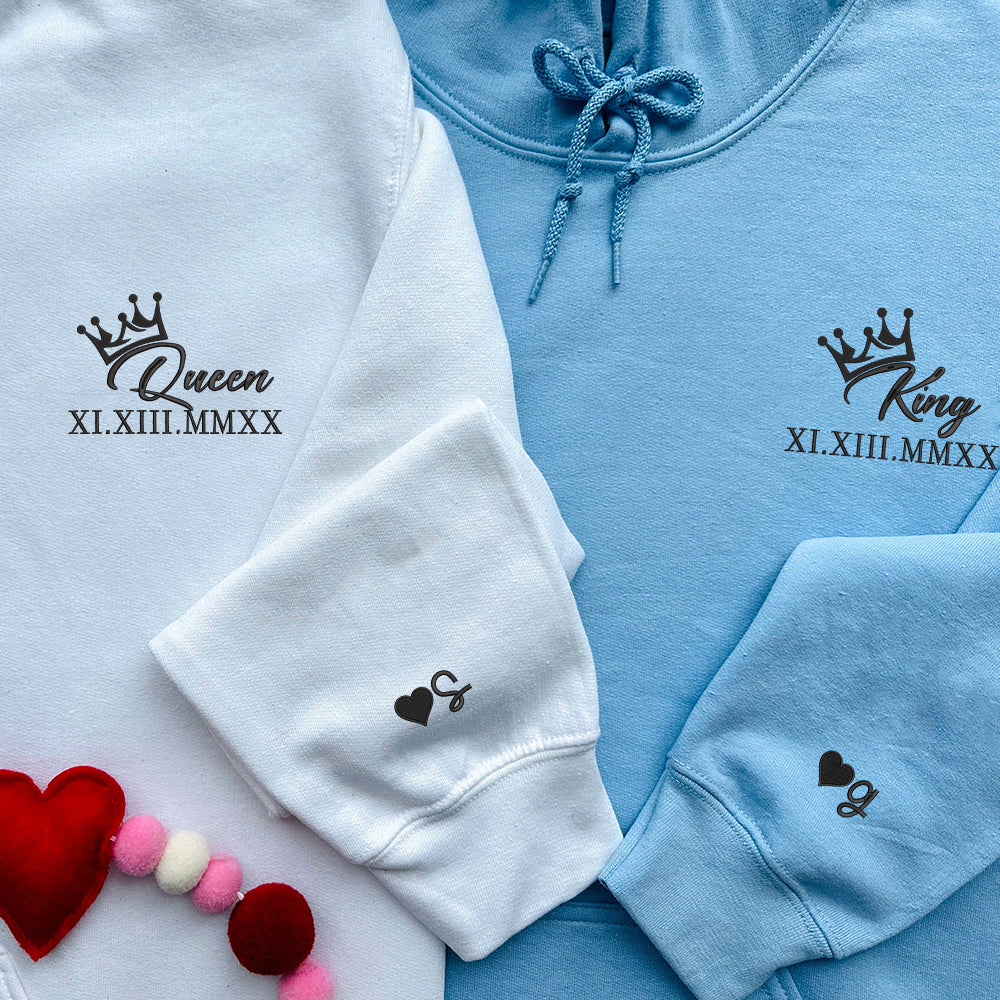 King x Queen Crown Custom Roman Numeral Matching Embroidered Hoodies For Couples - Image 4