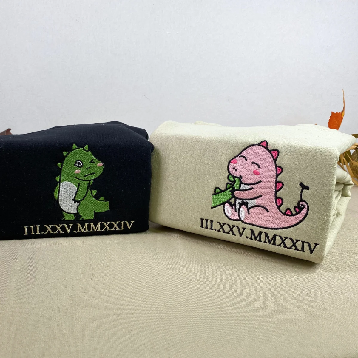 Lovely Couple Dinosaur Custom Roman Numeral Matching Embroidered Hoodies For Couples - Image 6
