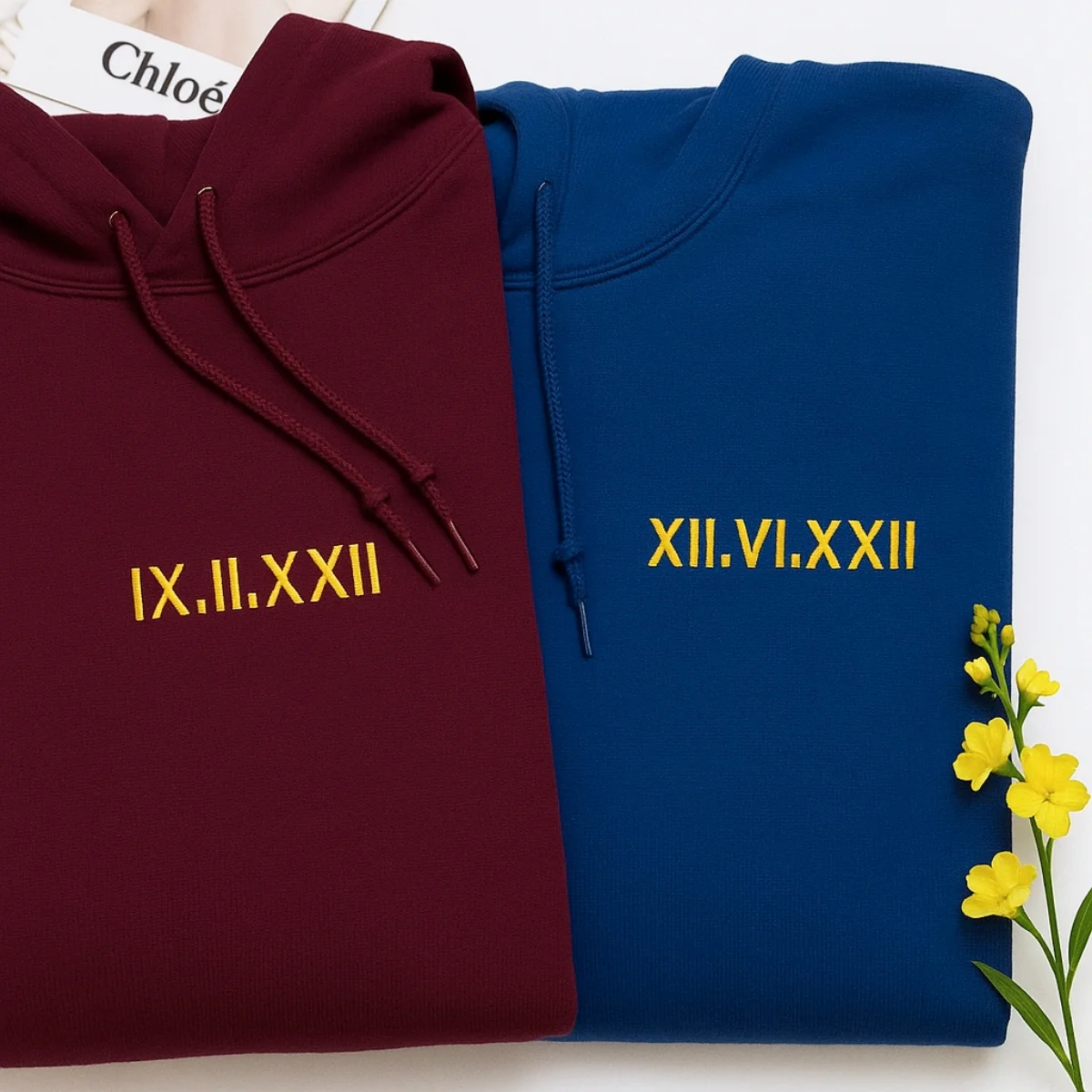Matching Couple Hoodies - Custom Roman Numeral Date Embroidered Sweatshirts - His Hers Gift - Image 6