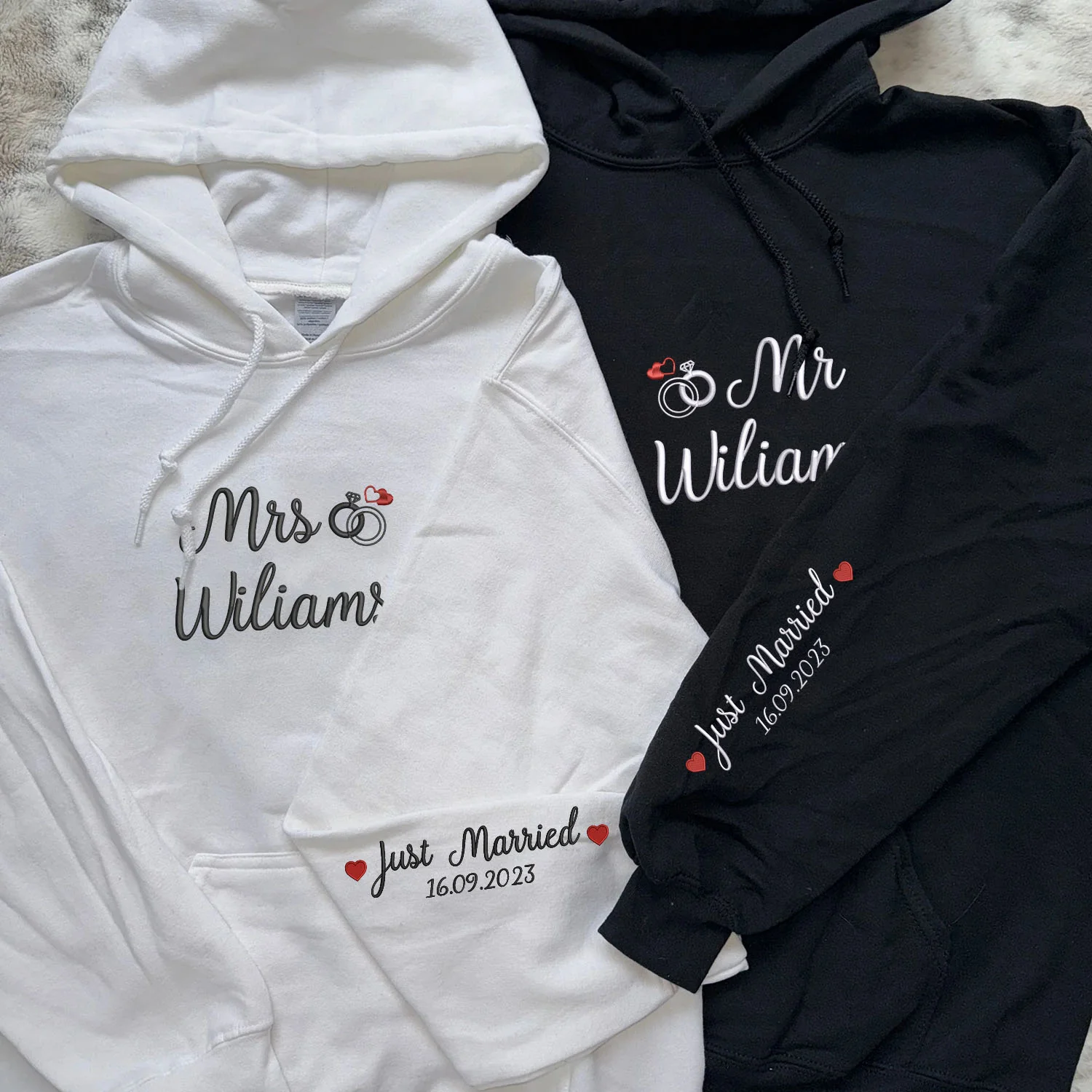 Embroidered Mr & Mrs Hoodies or Sweatshirts with Custom on Sleeve - Image 3