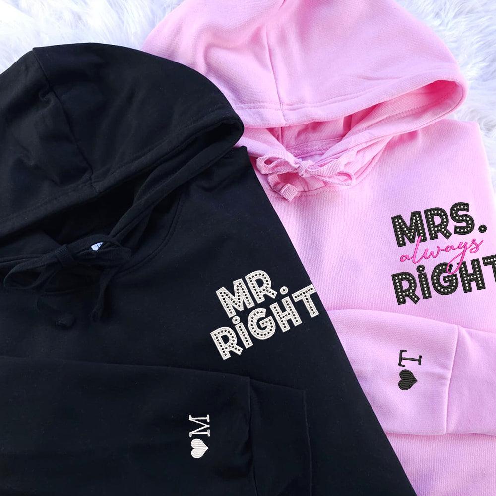 Mr Right x Mrs Always Right Pocket Custom Embroidered Matching Hoodies For Couples - Image 6