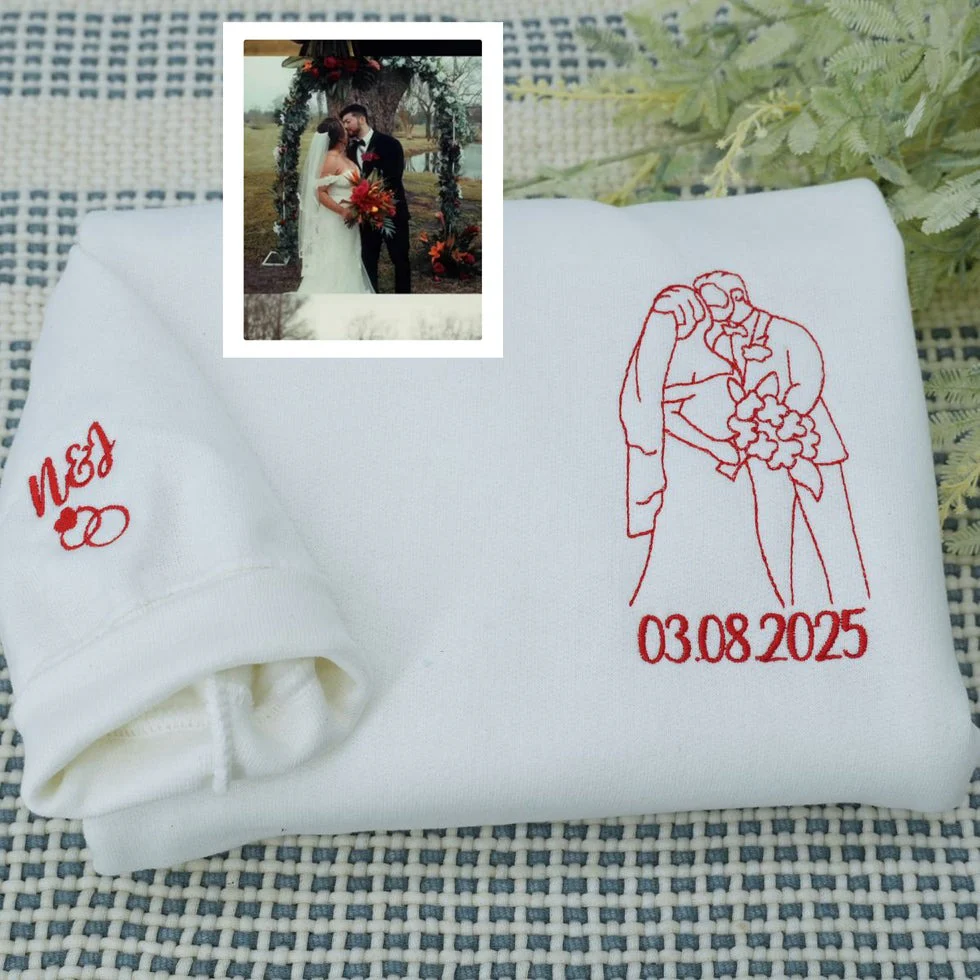 Personalized Picture Outline Embroidered Hoodie Sweatshirt, Portrait Photo Couple Outline Sweatshirt, Custom Line Art Photo Hoodie - Image 4